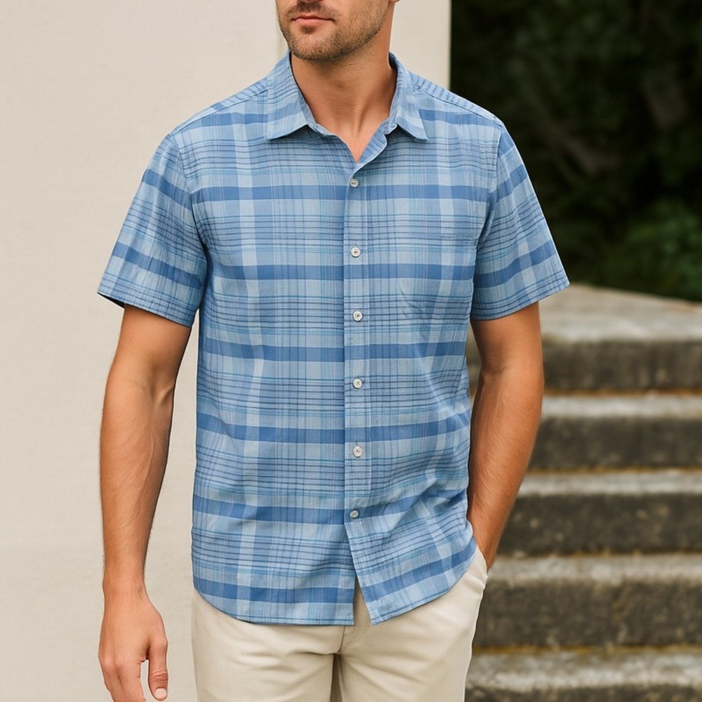 Vintage. Levis San Francisco Plaid Button‎ Up Short Sleeve Shirt Blue Mens Large